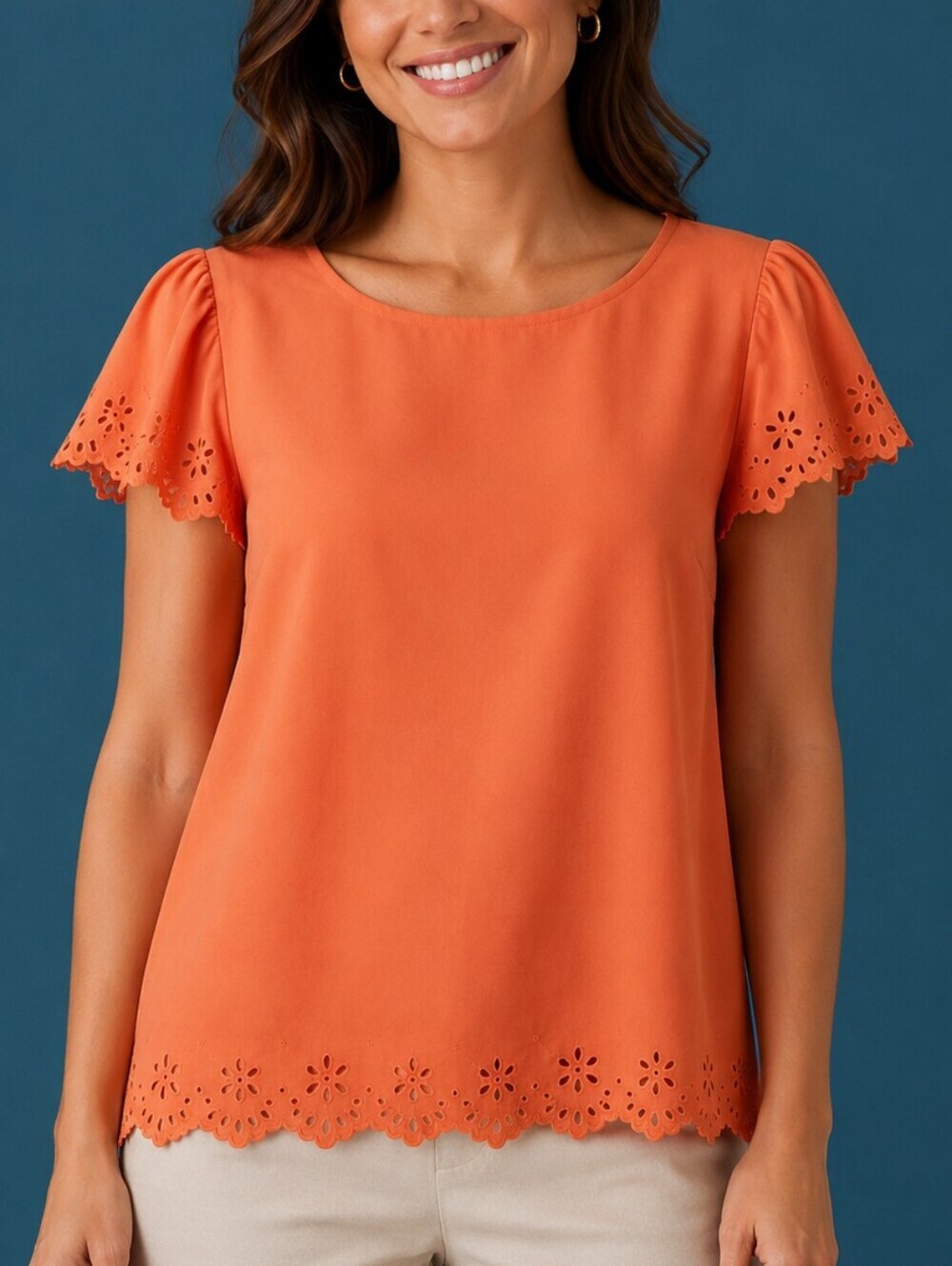 ANTONIO MELANI Peach Floral Cutout Cap Sleeve Babydoll Blouse Small